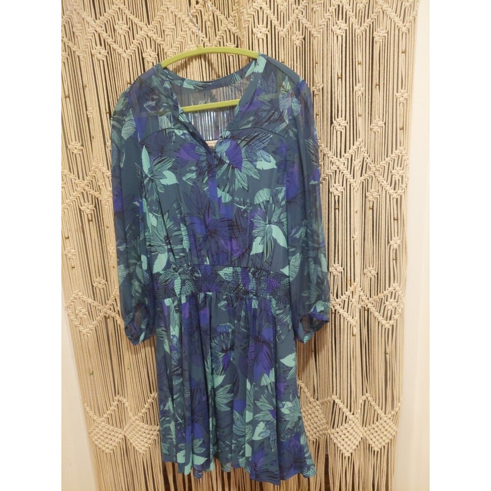 Rebecca Taylor Lightweight Smocked Floral 100% SILK Dress Women Sz 10 Blue Green